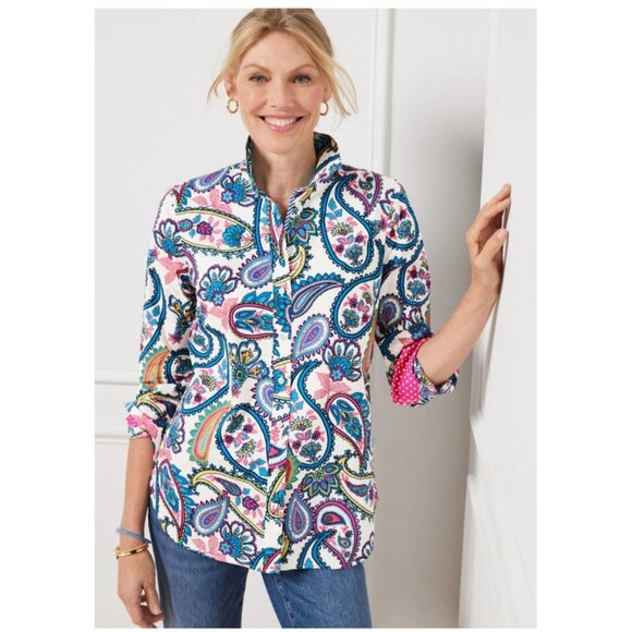 Talbots Plus Size 2X Blossom Paisley Shirt Button-Front Flip Cuff Collar - Picture 1 of 13